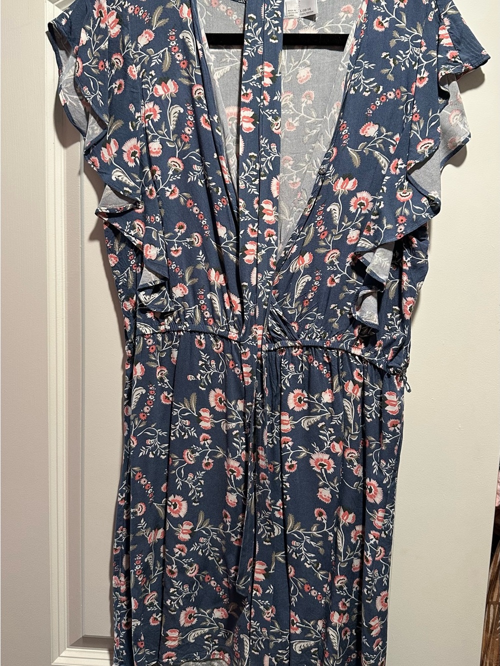 Time and Tru Navy Floral Wrap Romper with Ruffle Sleeves